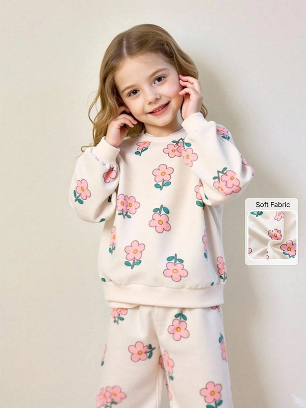 Young Girl Floral Print Crew Neck Long Sleeve Sweatshirt Top & Floral Pants