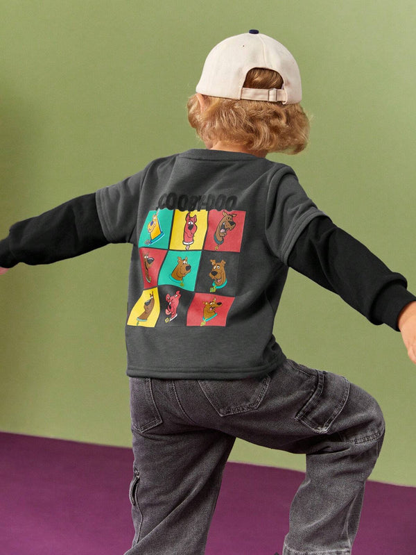 Young Boy Cartoon Printed Gray Pullover With Black Sleeves Design