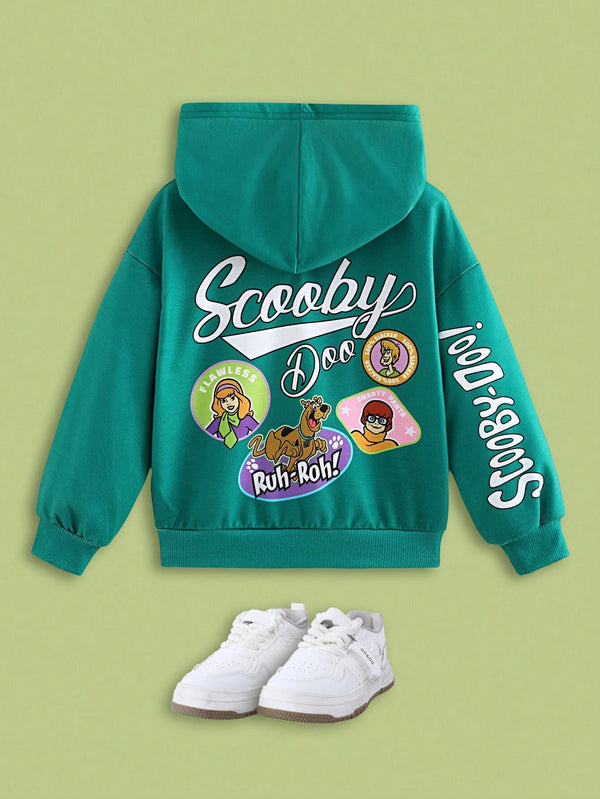 Young Boy Letter & Cartoon Dog Print Casual Hoodie