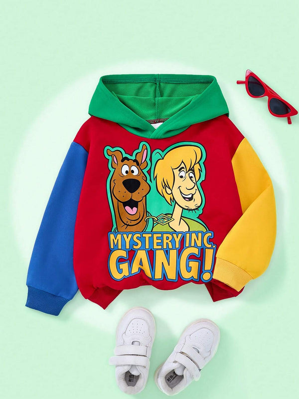 Young Boy Sports Casual Cartoon Dog Print Color Block Loose Fit Hooded Sweatshirt