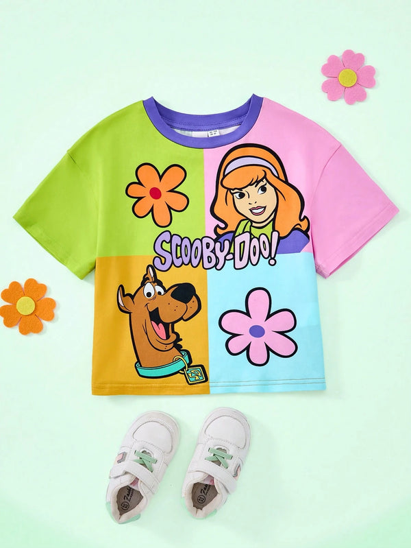 Young Girl Cartoon Puppy & Flower Print Colorblock Short Sleeve T-Shirt