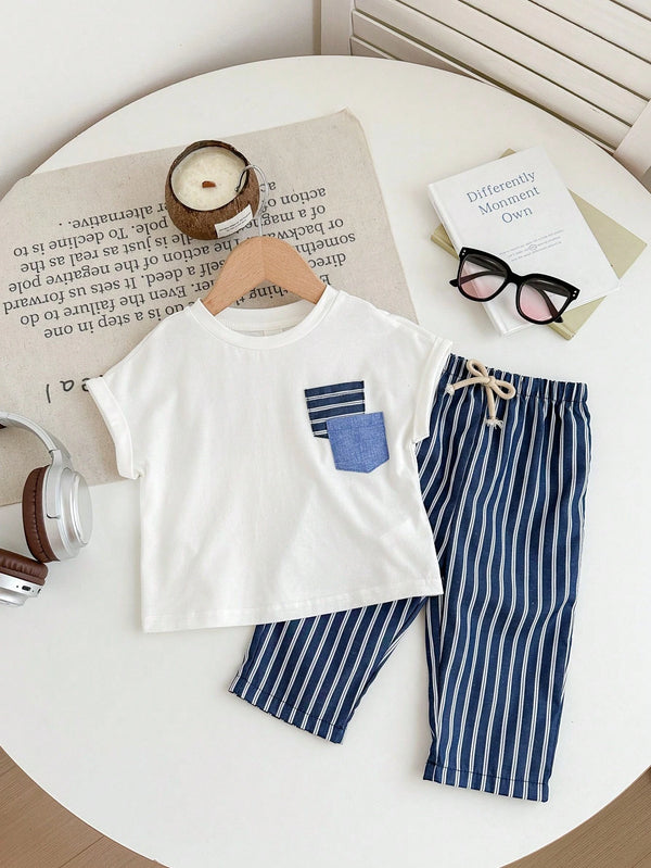 2pcs/Set Baby Boy/Girl Cute Summer Knit White Short Sleeve T-Shirt And Striped Elastic Waist Pants