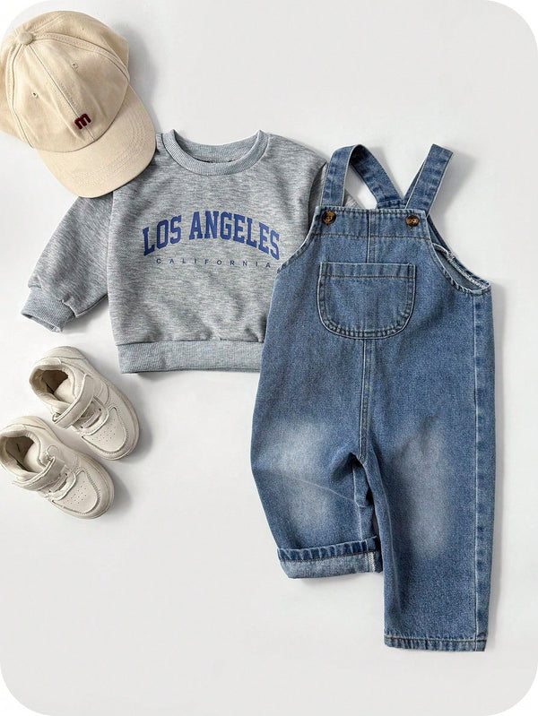 Fleece Lined Long Sleeve Sweatshirt And Denim Bib Pants Set