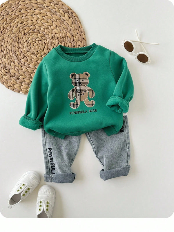 Toddler Boy Olive Green Fleece Lined Sweatshirt With Denim Pants