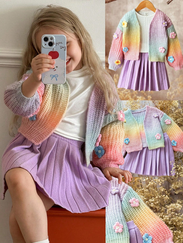 Young Girl Frenchy Sweet Cute 3D Floral Tie-Dye Knitted Cardigan & Pleated Skirt