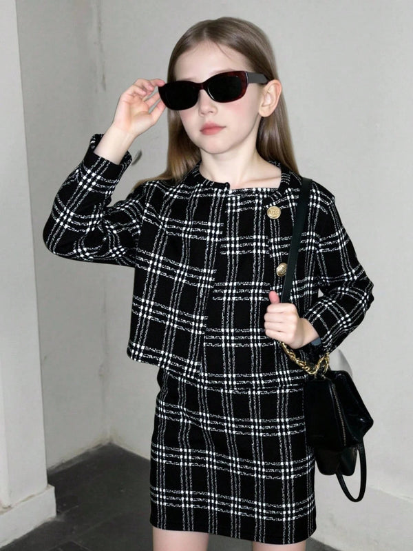 Young Girl Tween Girl Casual Fashion Button Decor Long Sleeve Jacket And Mini Cami Dress Set