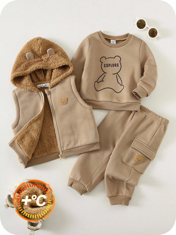 Knitted Hooded Jacket, Vest, Cartoon Bear Pattern Sweatshirt, Tracksuit Joggers Pants Set