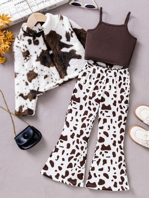 Young Girls Brown Milk Texture Short Reversible Fleece Jacket, Camisole Top And Flared Leg Casual Pants