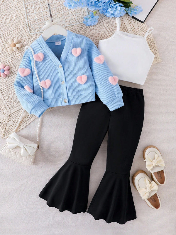 3pcs Set: Blue Long Sleeve Knit Cardigan With Pink Heart Knit Flower Camisole And Flare Pants