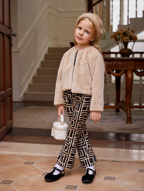 Young Girls Winter Outfit: Leopard Print Sleeveless Tank Top, Flared Pants, And Long Sleeve Furry Cardigan