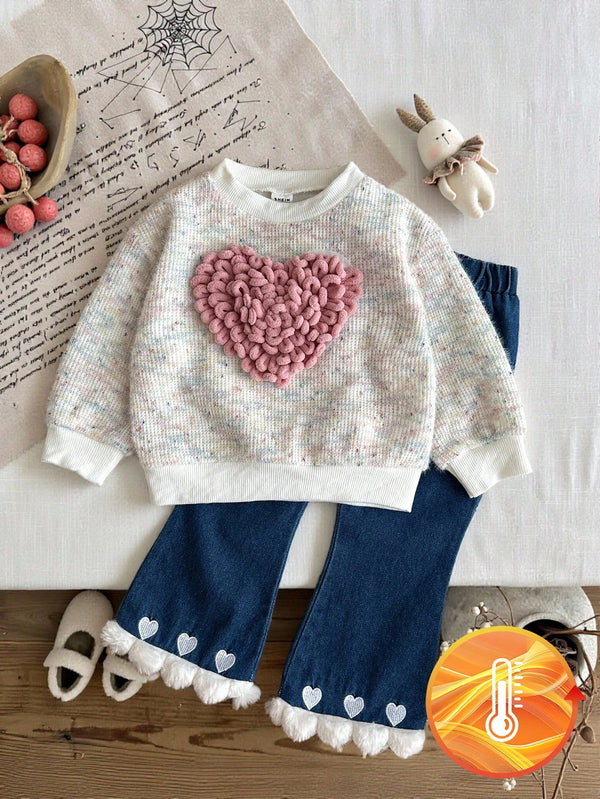 Fashion Cute Heart Decor Top And Heart Embroidered Denim Pants