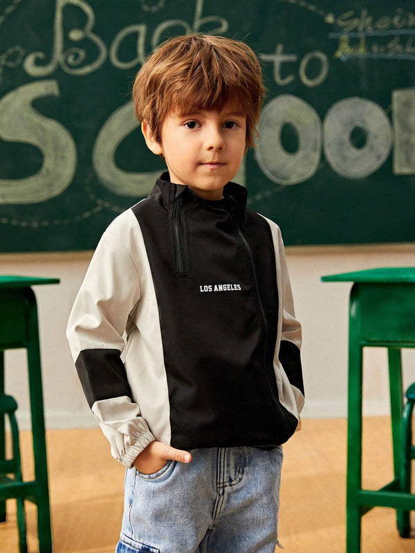 1pc Young Boy's Outdoor Casual Zip-Up Color Block Windbreaker Hoodie