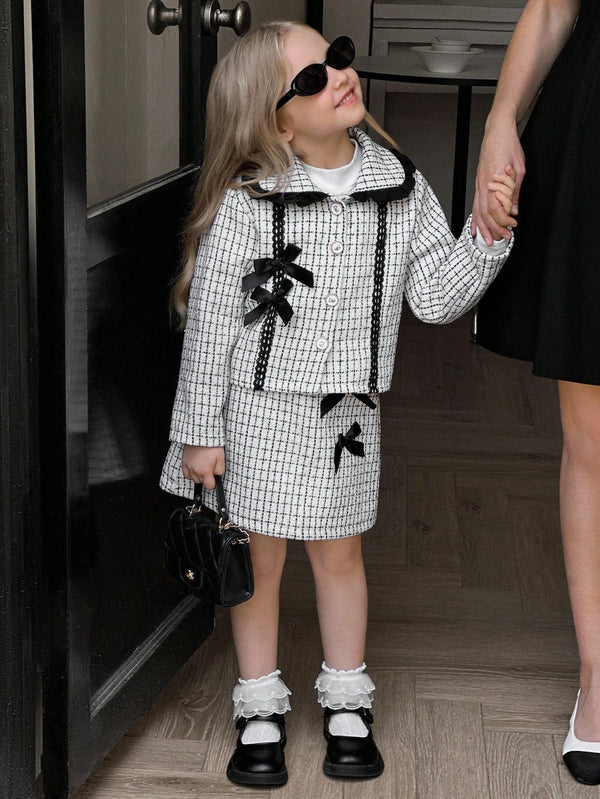 Girls (Small) Fashion Black Bow Decor Long Sleeve Plaid Comfortable Jacket