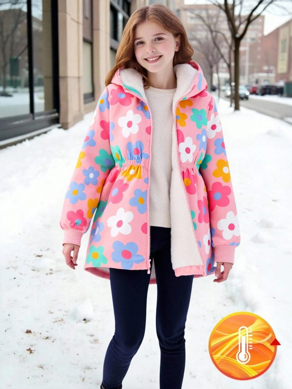 Flower Hooded Zip-Up Elastic Waist Ribbed Cuff Long Sleeve Fleece Lined Mid-Length Comfortable Jacket
