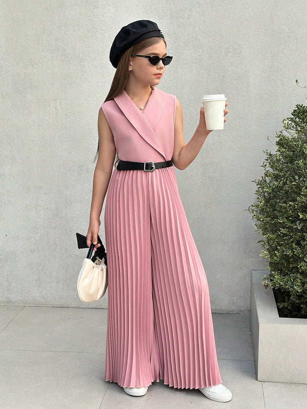 Nova Glow Tween Girls Solid Lapel Collar Sleeveless Jumpsuits With Pleated Design