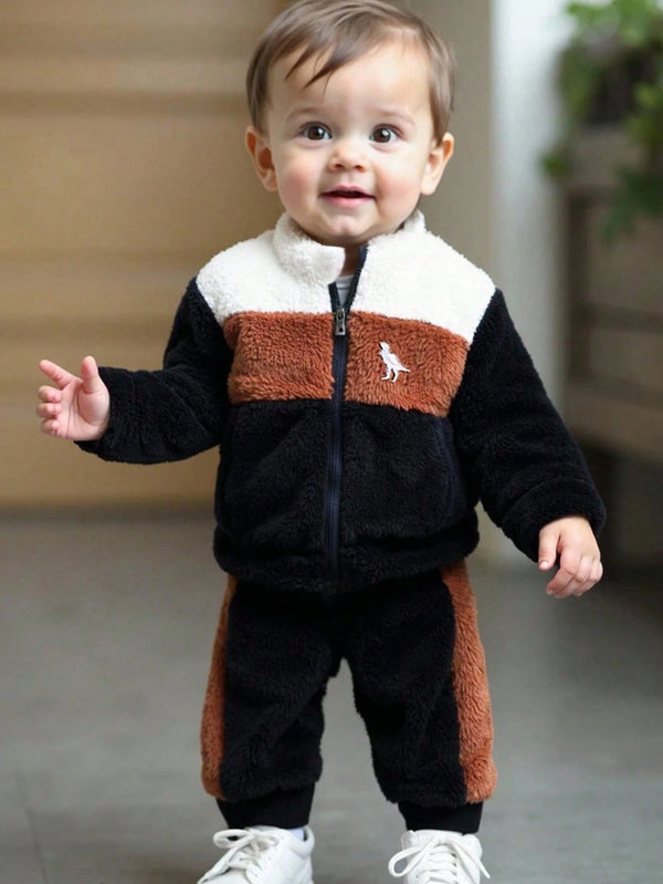 Baby Boys' Plush Warm Dinosaur Pattern Matching Casual Thick Jacket And Pants Set