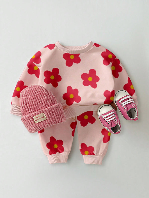 Fashionable Cute Sweet Floral All-Over Print Pink Crew Neck Sweatshirt And Sweatpants