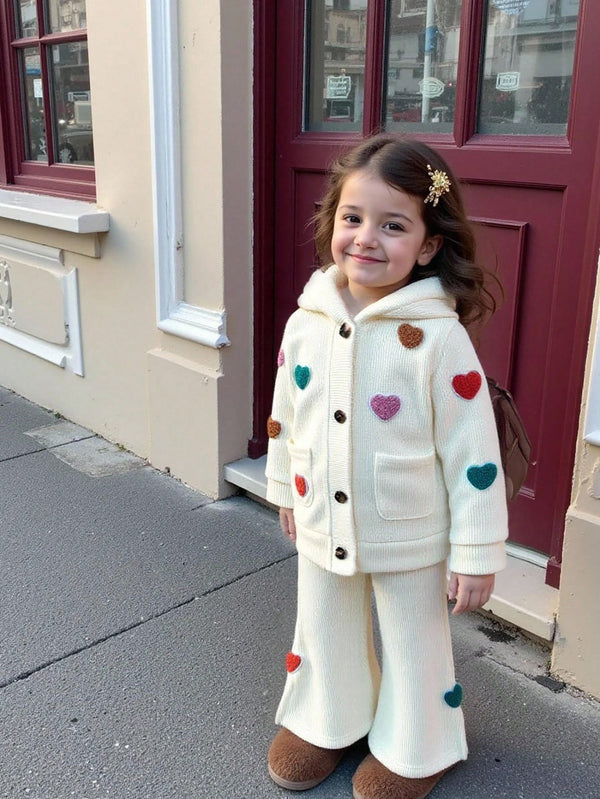 Baby Girls' Comfortable & Fashionable Colorful 3D Heart Embroidered Hooded Jacket And Flared Leg Pants