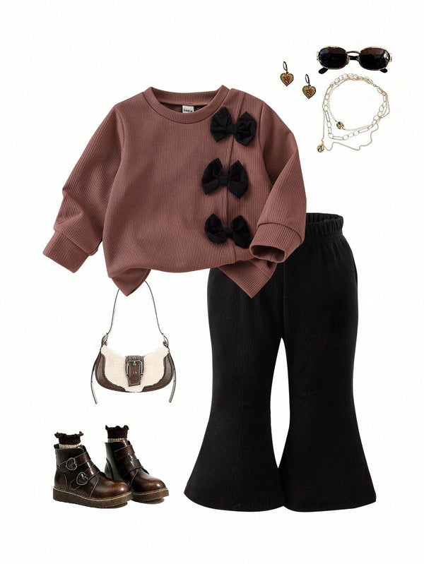 Fashion Simple Cute Brown Long Sleeve Round Neck Hoodie With Black Bow Decor, Paired With Black Flared Pants