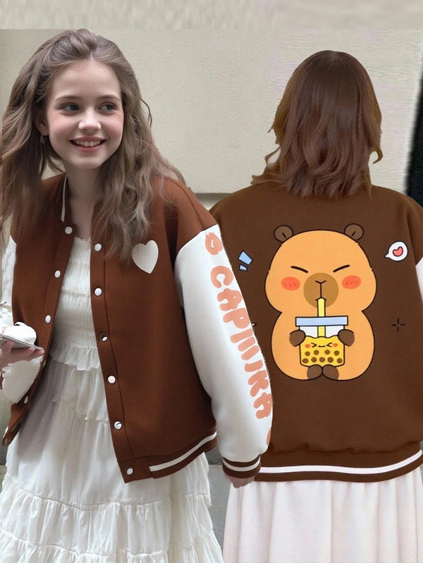 Capybara Pattern Patchwork Baseball Jacket With Fleece Lining
