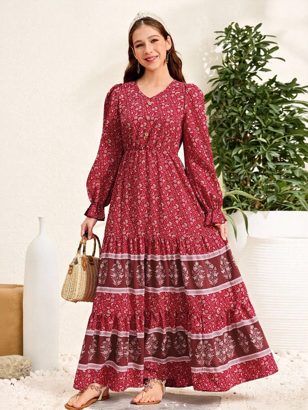 Woven Positioning Flower Printing,Loose Casual Long Sleeve Vacation Style V-Neck Button Accented Maxi Dress