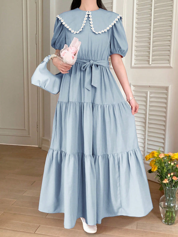 Embroidered Daisy Lace Decoration, Puff Sleeve Waist Tie Bow Decoration, Mid-Length Dress