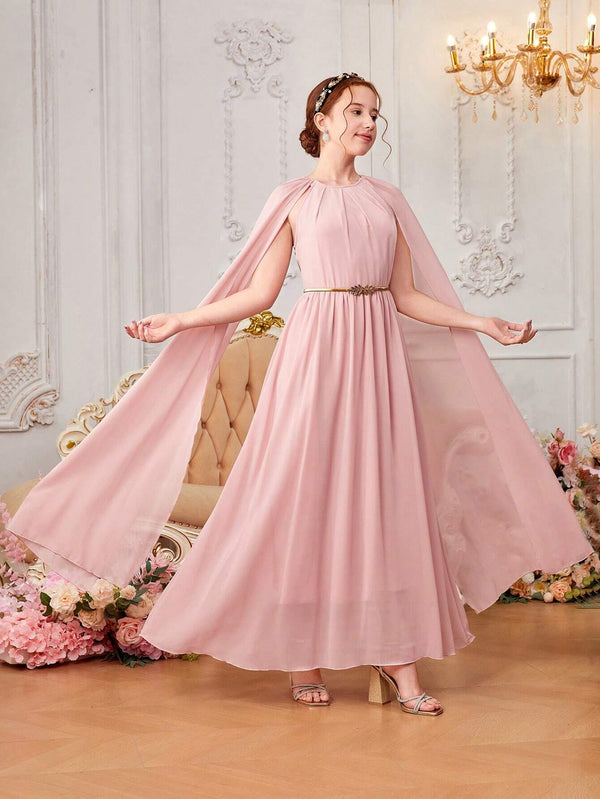 Teen Girls' Woven Chiffon Solid Color Kimono Sleeve Casual Dress