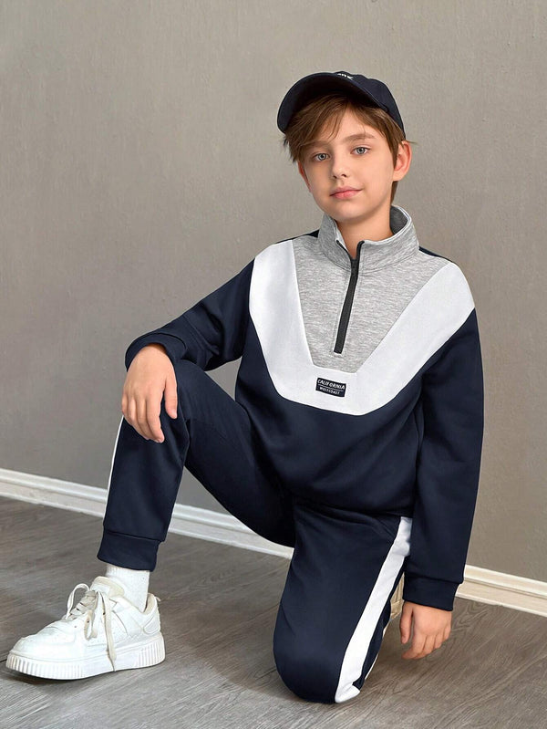 Tween Boy Spliced Color Block Stand Collar Sweatshirt And Pants Set