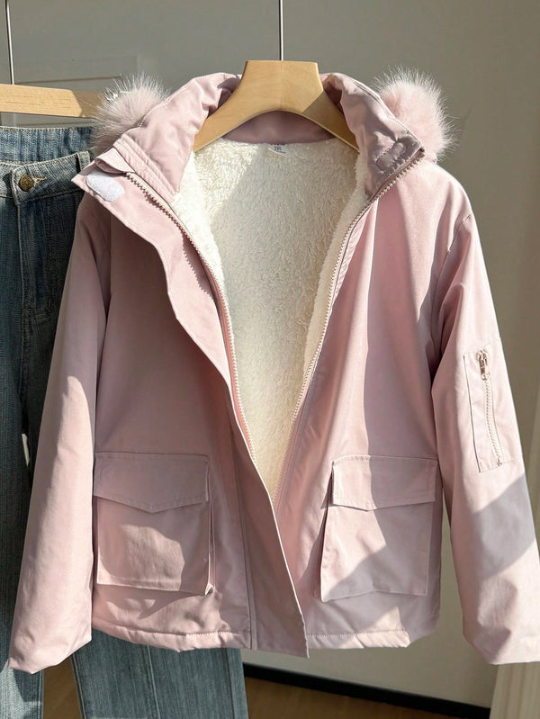 Tween Girl Casual Versatile Faux Fur Hooded Fleece Jacket