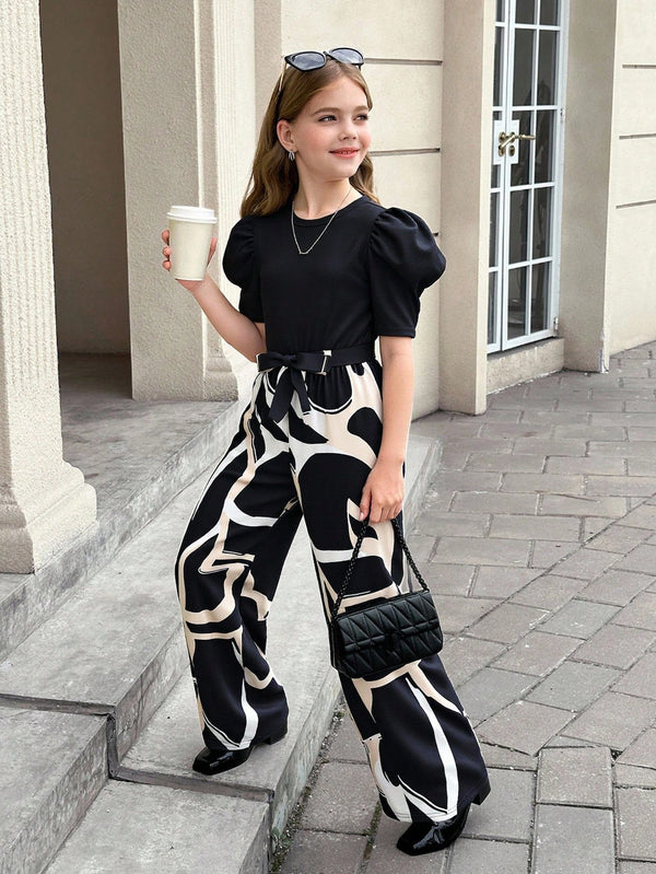 Tween Girl Fitted Casual Geometric Pattern Patchwork Short-Sleeved Wide-Leg Jumpsuit