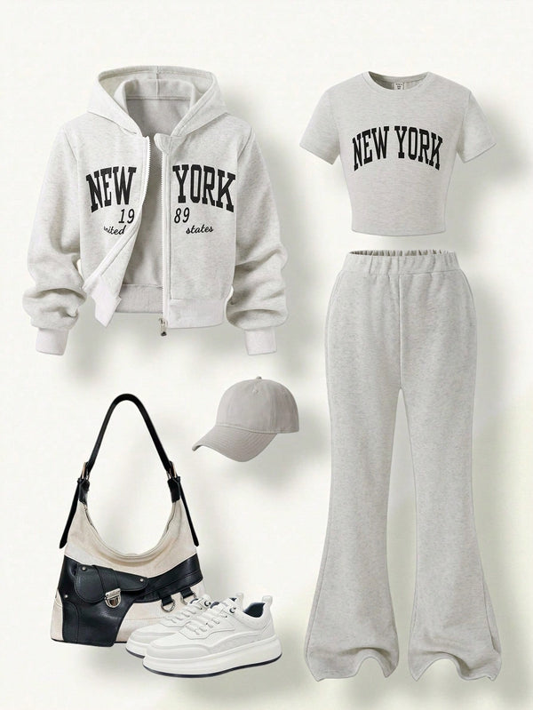 Tween Girl Fleece Hooded Zip-Up Jacket With Location Print, Location Print Short Sleeve Tee & Fleece Flared Pant