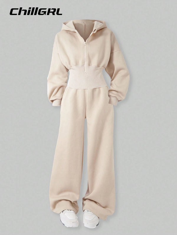 Tween Girl Hooded Zip-Up Sweatshirt And High Waisted Thermal Lined Pants Jumpsuit
