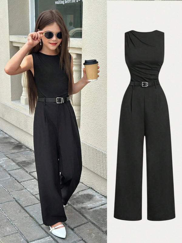 Tween Girls' Black Plunge Neck Jumpsuit