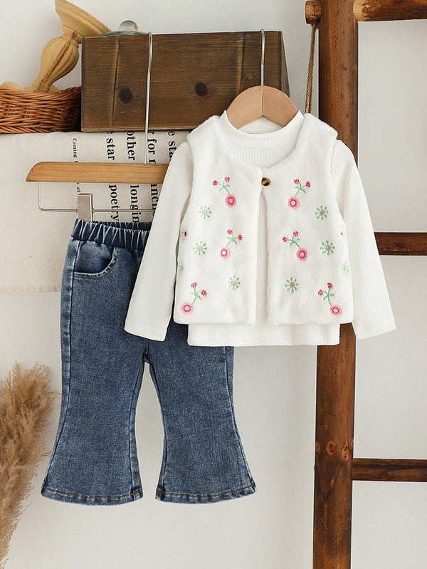 Casual Style Suit Flower-Embroidery Vest&Pure Color Long Sleeve Top&Long Jeans