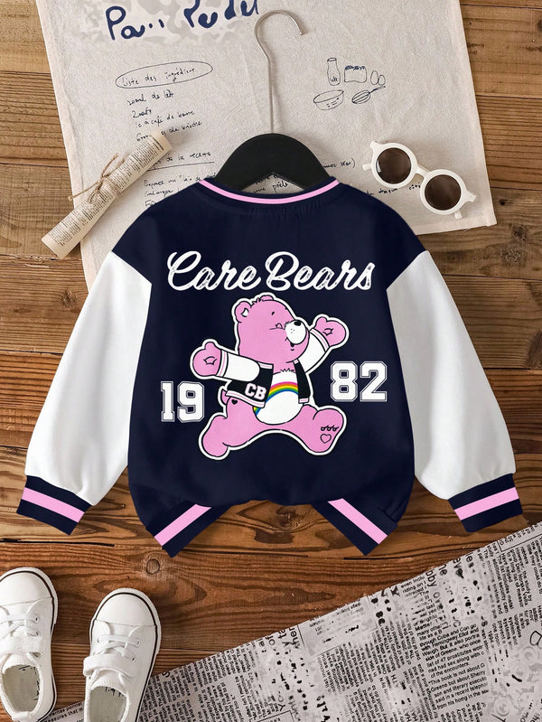 Young Girl Casual Everyday Contrast Color Cartoon Bear Pattern Sweatshirt