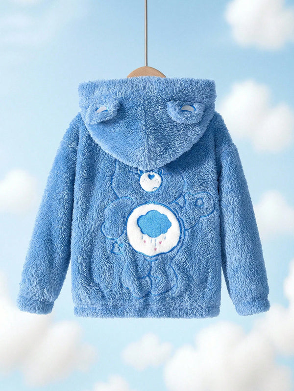 Young Girl Cute Cartoon Bear & Heart Embroidered Long Sleeve Hooded Zip-Up Fleece Jacket