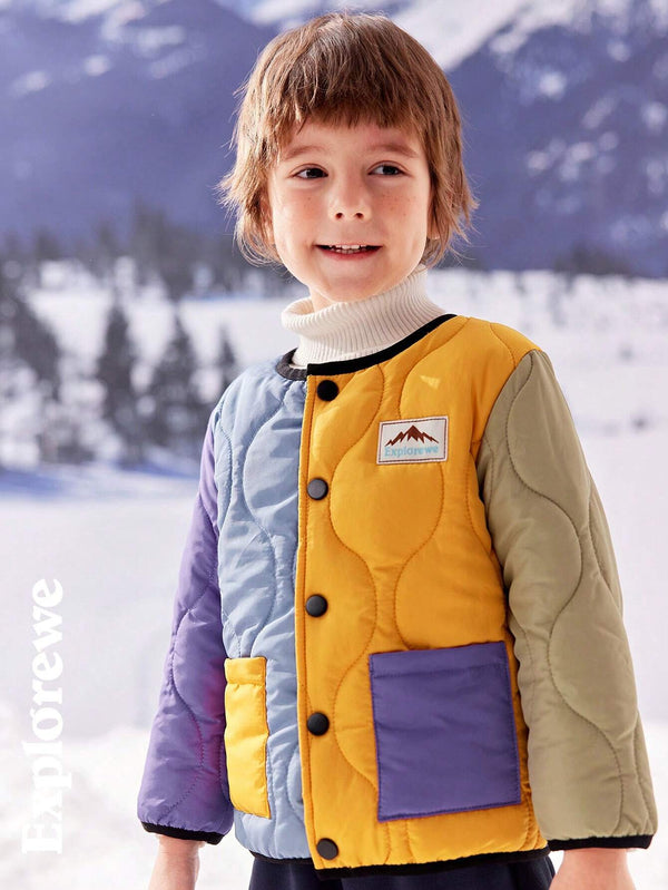 Young Boy Color Block Patch Logo Winter Padded Coat
