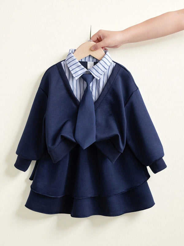 Young Girl 2 In 1 Outfit With Shirt Collar Sweatshirt And Layered Skirt