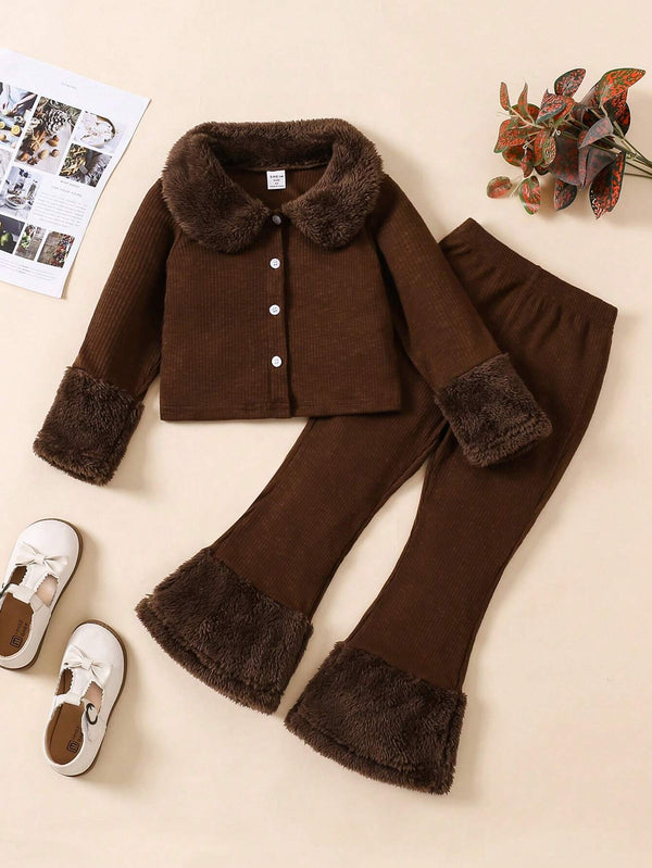 Young Girl Furry Lapel & Cuffs Patchwork Jacket Top And Flare Legs Furry Patchwork Pants