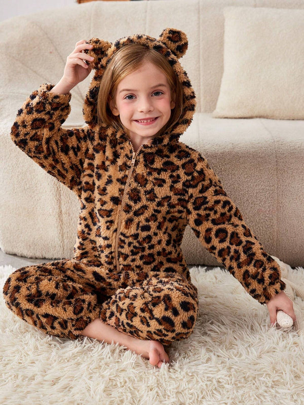 Young Girl Knit Fuzzy Leopard Hooded Jumpsuit