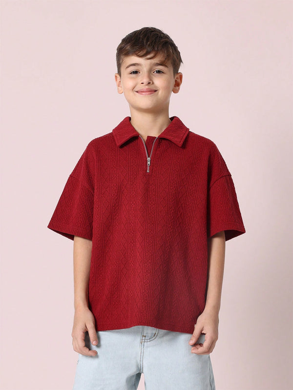 SUMWON Premium Textured Knit Quarter-Zip Polo Tee