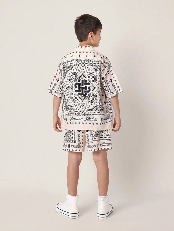 Bandana Print Streetwear Kids Set With Button Up Short Sleeve Shirt And Matching Shorts