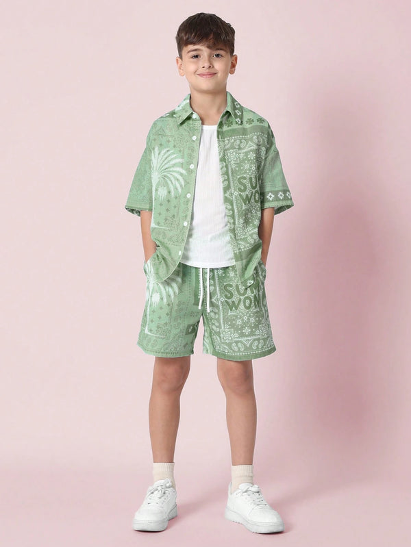 Bandana Print Short Sleeve Button Down Coordinated Holiday Beach Resort Palm Tree Vacation Casual Set