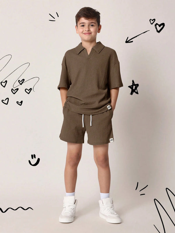 SUMWON Textured Ribbed Knit Polo Two-Piece Short Set