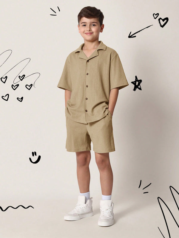 SUMWON Textured Waffle Weave Summer Short Sleeve Button Down Shirt Shorts Set