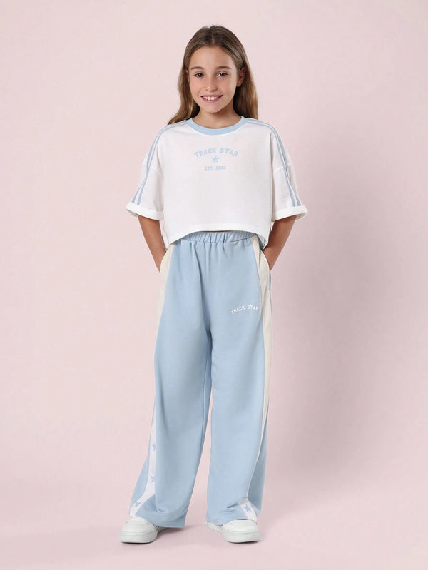 SUMWON Track Star Athletic Style Oversized Crop Top Wide Leg Pants