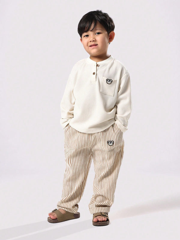 Waffle Knit Henley Long Sleeve Co-Ord Set With Button Detail