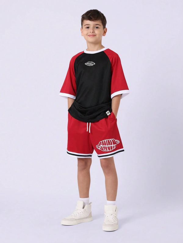 Youth Athletic Co-Ord Set Contrast Raglan T-Shirt Basketball Training Shorts