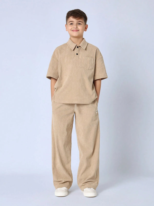 Youth Corduroy Two Piece Set Wide Leg Pants Casual Polo Outfit