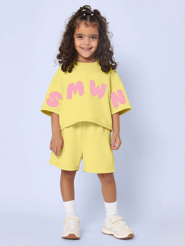 SUMWON "Girls Two-Piece Summer Set Boxy Letter Print T-Shirt Shorts